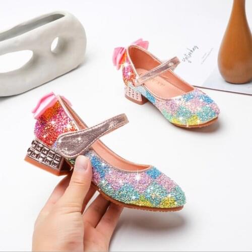 Children girls colorful Bling Paillette shoes princess dance party Shoes high heel 3cm Pink sliver 26-35 K6-26 GZX04