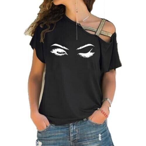 New Summer Pretty eyelashes big eyes for Girl T Shirt Women Short Sleeve Summer Tops Casual Irregular Skew Cross Bandage Tshirt