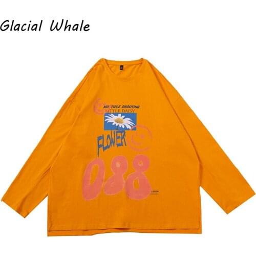 GlacialWhale Long-sleeved Men 2021 Autumn Yellow Print Casual T-shirt Male Streetwear Hip Hop Round neck Trendy Mens Clothing
