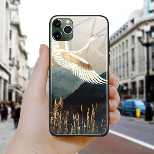 Japanese style Abstract crane Soft Silicone Glass Phone Case Cover Shell For iPhone SE 6 6s 7 8 Plus X XR XS 11 12 Mini Pro Max