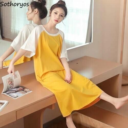 Nightgowns Women Patchwork Color Short Sleeves Lovely Large Size 2XL Cute Sleepwear Loose Nightwear Soft Korean Style Lounge New