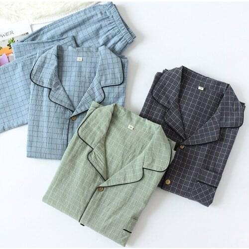 Couple Solid Color Plaid Pajamas Women Men Simple Cotton Sleepwear Long Sleeve Trousers Spring Homewear Casual Soft Sleepwear