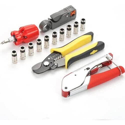 Wire Stripping Squeezing Pliers Coaxial Cable Cold Press Clamp RG59 RG6 Cable TV Crimping Tool Set with 10/20pcs F Heads