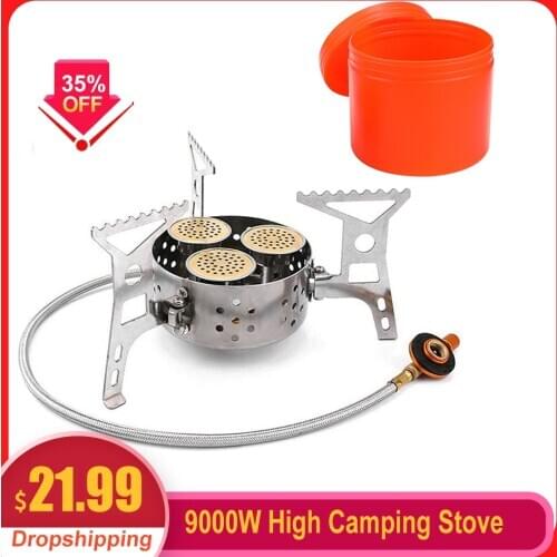 9000W High Power Camping Stove Portable Three Core Head Camp Stove with Steel Braided Hose Windproof Camping Gas Stove Burner