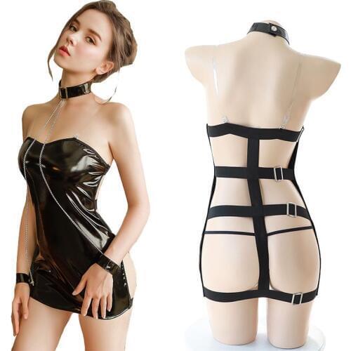 Women Sexy Faux Leather Fetish Micro Mini Dress Wet Look Open Butt Skirt Party Clubwear with Collar and Wrist Cuffs Mistress Cos