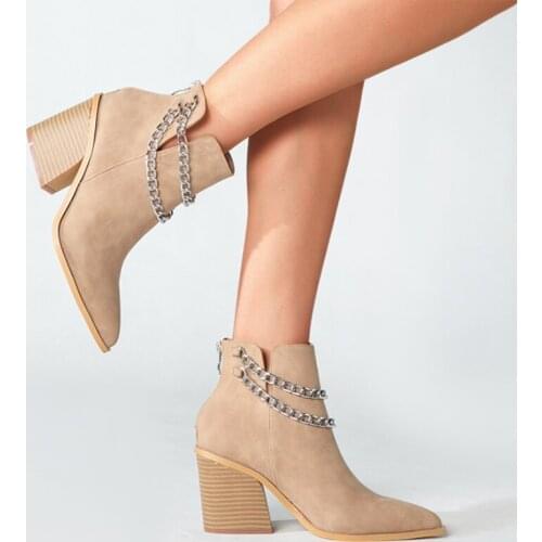 New Women Block Heels Ankle Boots Slip On Solid Color Metal Chain Shoes Ladies Fashion Casual Booties Autumn Plus Size 36-43
