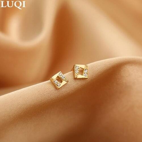 Womens Fashion S925 Silver Gold-plated Square Zircon Simple Temperament Stud Earrings 686