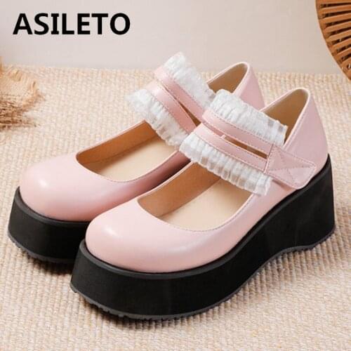 ASILETO Mary Jane Shoes for Women Spring Round Toe Chunky Hook&Loop Pumps Flower Sweet Cute Thick Bottom Lolita Shoes C2387