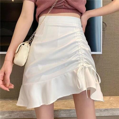Skirts Women 2021 Summer New Fashion Sexy High Waist A-Line Mini Skirts Drawstring Ruffles Hem Skirt Elegant Chic Pleated Skirts