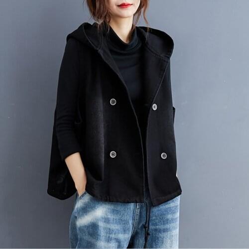 Loose Plus Size Denim Vest Womens Spring 2021 New Literary All-Match Black Hooded Jacket Female Vintage Jeans Waistcoat zh560