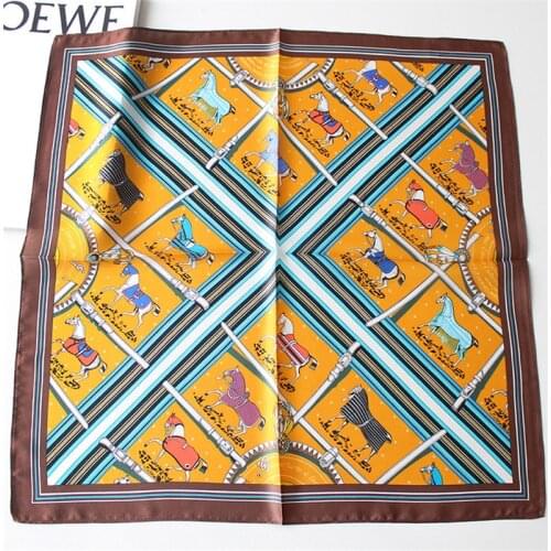 POBING 100% Pure Silk Scarf Women Geometric Horse Print Square Scarves Wraps Silk Foulard Head Neckerchief Hijab Bandana 53X53CM