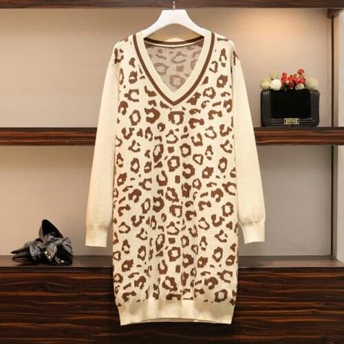4XL plus size women kintting sweater Leopard dress autumn winter 2021 long sleeve v neck vintage print Patchwork thick dresses