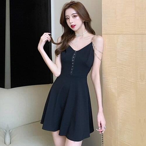 Chain Spaghetti Strap Black Sexy Dress 2021 Summer Korean A-line Mini Dress Sleeveless V-Neck Elegant Party Dress Women