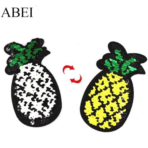 10pcs/lot New Cartoon Sequined Pineapple Patches Iron On Two Way Reversible Fruits Stickers DIY Clothes Jeans Coats Appliques