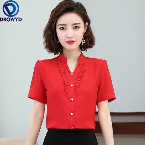 2021 Women Shirt Chiffon Blouse Femininas Tops Short Sleeve Elegant Ladies Formal Office Blouse Plus Size Chiffon White Shirt