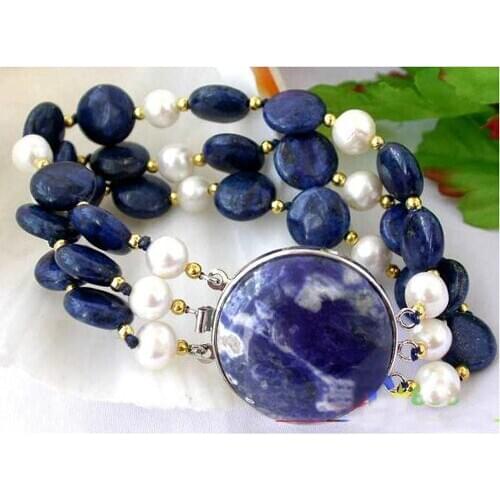 New Arrival Real Pearl Lapis Bracelet 3row 12mm Natural Blue Coin Lapis Lazli Freshwater Pearl Jewelry Perfect Woman Gift