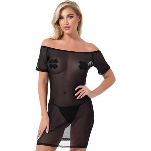 Black Women Off Shoulder Short Sleeve Sexy Dress See-through Mesh Dresses Clubwear Vacation Beach Bikini Swimsuit Cover Ups