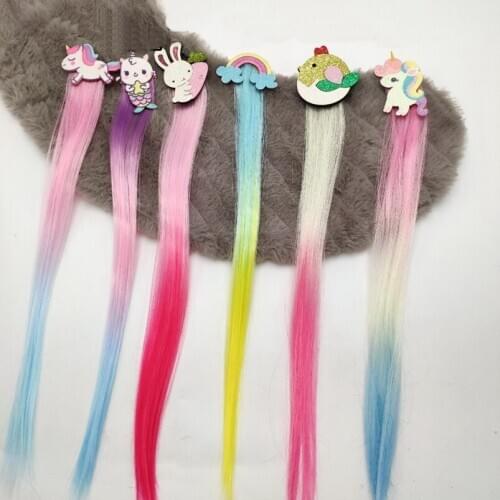 Hair Extensions Wig for Kids Girls Unicorn Cartoon Head Hair Bows Clips Bobby Pins Hairpin Barrette Hair Accessories 0213