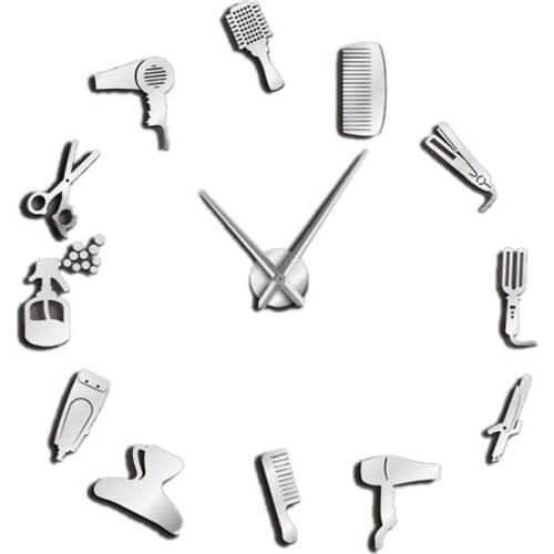 Diy Barber Shop Giant Wall Clock with Mirror Effect Barber Toolkits Decorative Frameless Clock Watch Hairdresser Barber Wall Art