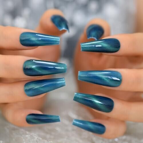 Ancient Blue Ballerina Fake Nails Hand Made Extra Long Tapered Cat Eye Pattern Hand painted Thick Galaxry Press On Nail 20 CT