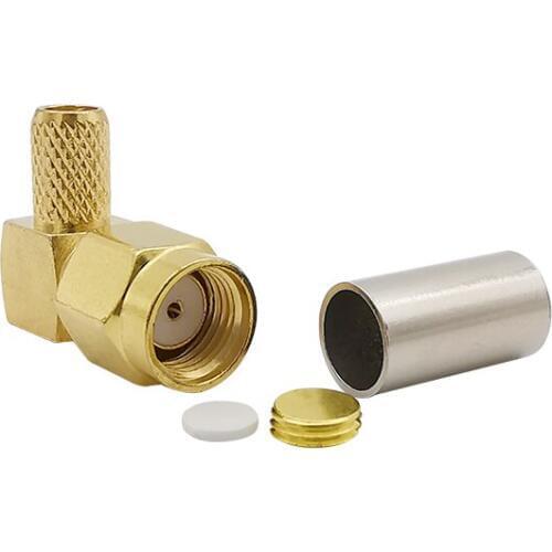 1Pcs RP SMA Male Plug Right Angle Crimp RG58 RG142 LMR195 RG400 Wire Connector RP SMA Plug 90 Degrees Crimp RF Coax Adapter