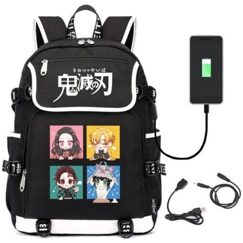 Cosplay Demon Slayer: Kimetsu no Yaiba Unisex Canvas Backpack Anime School Bag USB Charging Cartoon Laptop Travel Rucksack Gift