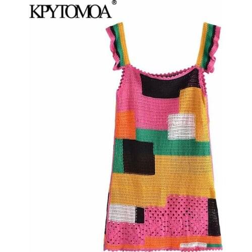 KPYTOMOA Women 2021 Fashion Patchwork Crochet Knit Mini Dress Vintage Square Collar Ruffled Wide Straps Female Dresses Mujer
