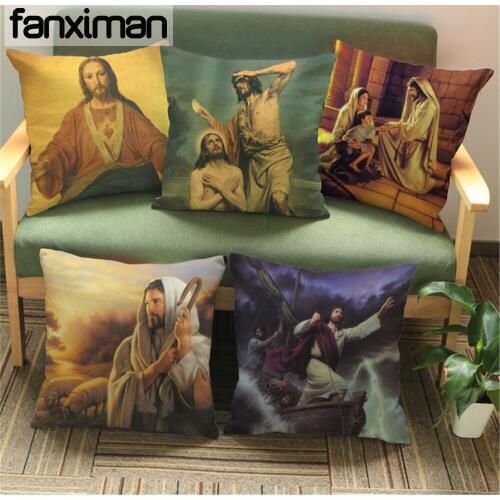 Linen Square Cushion Cover Christianity Series Jesus Print Throw Pillow Covers Home Decoration Sofa Chair Bay Window Pillowcases