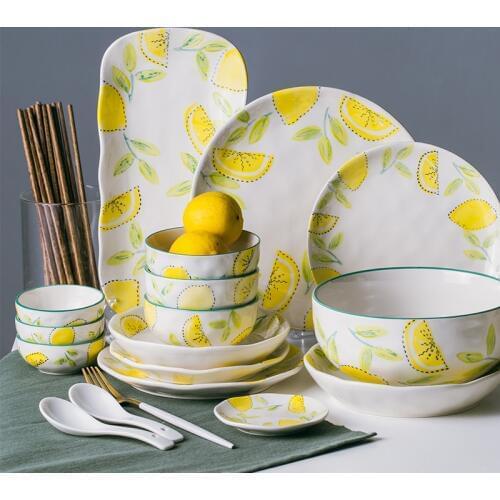 New Arrival Lemon Painted Creative Porcelain 18pcs 28pcs 58pcs Dining Bowls Chopsticks Plates Spoon Tableware Set
