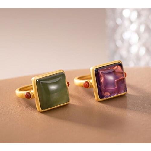 New silver inlaid natural Hetian Sapphire Ring Chinese style retro palace geometric shape cool charm womens brand jewelry