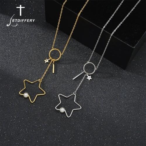 Letdiffery Fashion Star Pendant Necklace Stainless Steel Circle Chain Pearl Necklaces OT Buckle Jewelry for Girls Party Gifts
