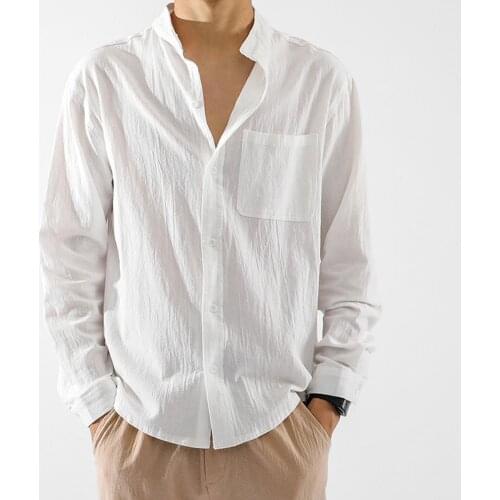 Button up shirt Men Solid Color Pocket Stand Collar Buttons Shirt Top Cotton Linen Loose Coat linen shirts men 2021