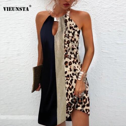 Sexy Sequin Leopard Print Patchwork Party Dress Women Iron Halter Backless Office Lady Dress Spring Summer Sleeveless Mini Dress