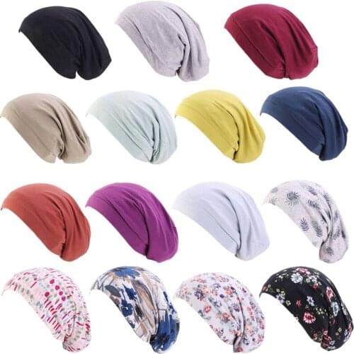 Women Satin Lined Sleep Cap Solid Color Floral Print Hair Loss Chemo Headwrap Elastic Wide Band Slouchy Beanie Slap Hat