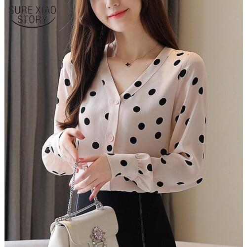 Women Blouse V-neck Polka Dot Chiffon Shirt 2021 Autumn Office Lady Long Sleeve Button Cardigan Tops Women Blusas Mujer 10781