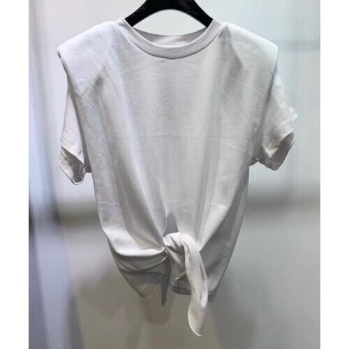 Woman White Black Cotton Cropped Muscle Tshirt with Bow Tied hem Short Sleeves Shoulder Pads Fashion Tops tees woman