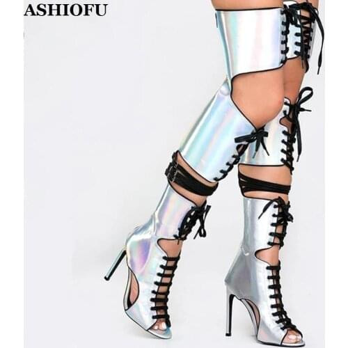 ASHIOFU Handmade Women Sexy Thigh High Boots Cross-straps Party Club Summer Shoes Peep-toe Evening Fashion Long Dance Boots