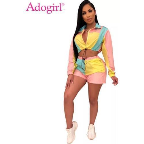 Adogirl Color Patchwork Women Casual Two Piece Set Tracksuit Zipper Turn Down Collar Long Sleeve Sweatshirt Crop Top + Shorts
