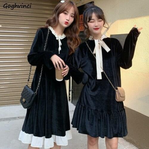 Women Long Sleeve Dress Ruffles Patchwork Autumn Lace Up Wood-ears High Waist A-line French Style Korean Design Fashion Chic Ins