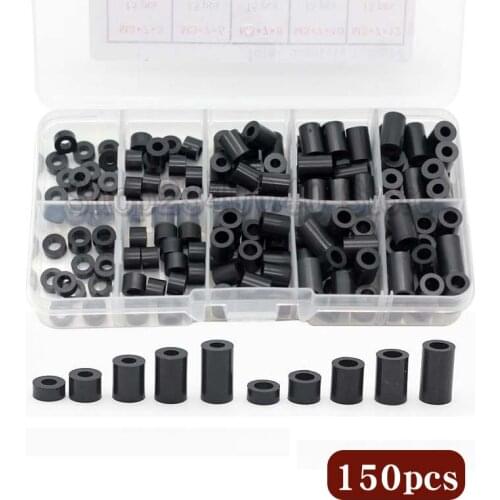 150pcs/set M3 M4 Black Rround ABS Spacer Standoff Nylon Non-Threaded Spacer Plastic Hollow Standoff Washer Assortment Kit