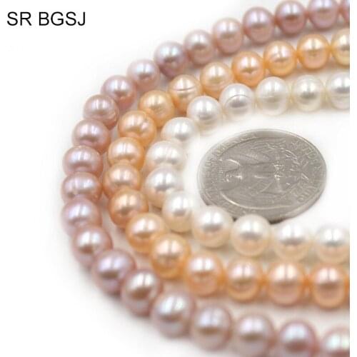 Free Ship 7-8mm White Pink Purple Nearly Round Natural Freshwater Pearl Round Pearls Beads String 15"