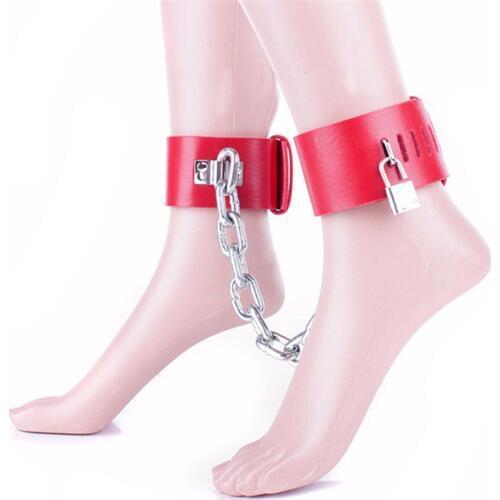 CamaTech PU Leather Lockable Ankle Cuffs with Metal Chain Adjustable BDSM Hand Foot Restraints Shackles For Couples Adult Games