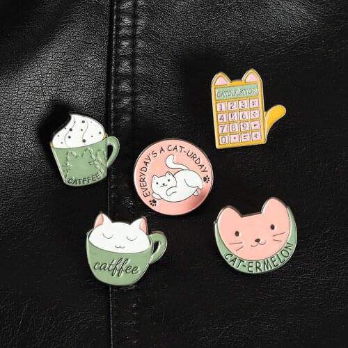 Cute Cat Enamel Badges Calculator And Coffee Cup Lapel Pins Fashion Anime Cartoons Brooches For Women Vintage Brooch Hijab Pins