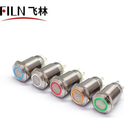 FILN CE 12mm Flat head Momentary Latching ring led light Push Button Switch without wire