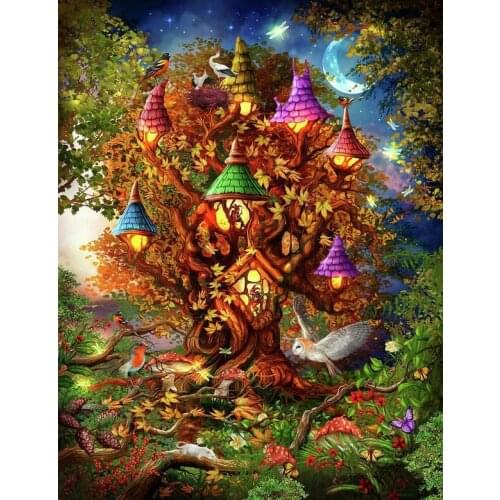 JMINE Div 5D mushroom tree house moon bird Full Diamond Painting cross stitch kits art Scenic 3D paint by diamonds