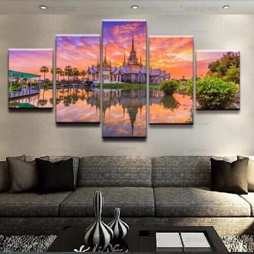 5 Panels Sunset Thailand Religious Temple Canvas Painting Pictures Wall Art Posters and Prints for Living Room Home Decoration