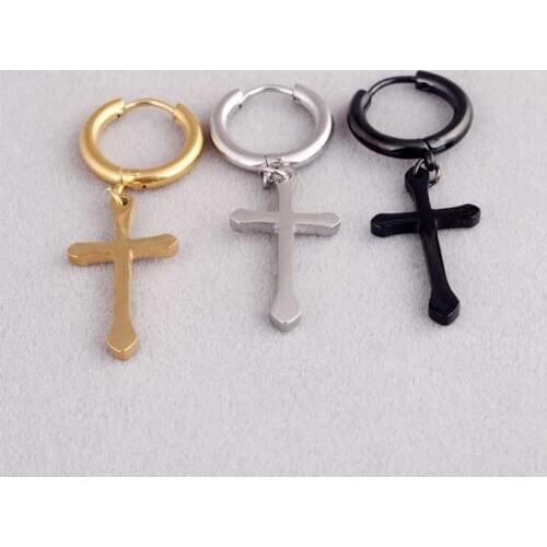 Fashion Cool Men Punk Male Cross Hoop Earrings Color Black Stainless Steel Cross Pendientes Circle Hoop Earrings Jewelry