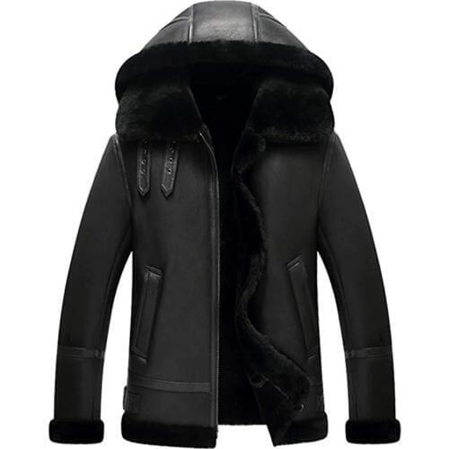 Hooded Shearling Jacket Mens B3 Flight Jacket Short Leather Jacket Mans Sheepskin Aviator Fur Coat