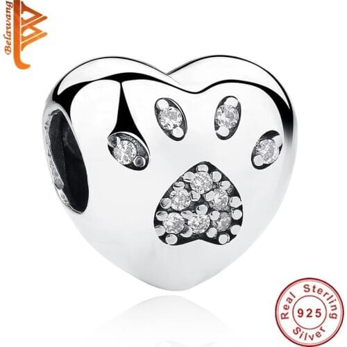 Wholesales Pure 925 Sterling Silver Love Heart Charms With White CZ Lovely Cat&Dog Animal Paw Print Beads Fit Original Bracelet
