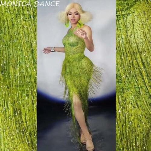 Sexy 3D Printed Tassels Crystals Skinny Long Dress Women Sexy Bar Party Fringed Rhinestones Dance Costume Stage Dress